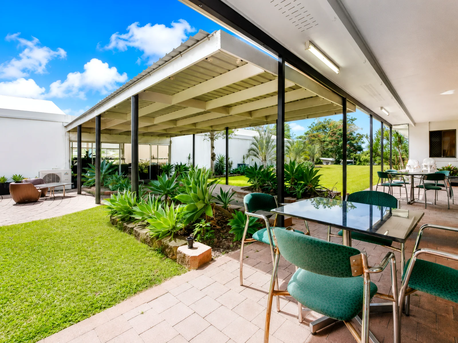 outdoor seating overlooking the resort gardens