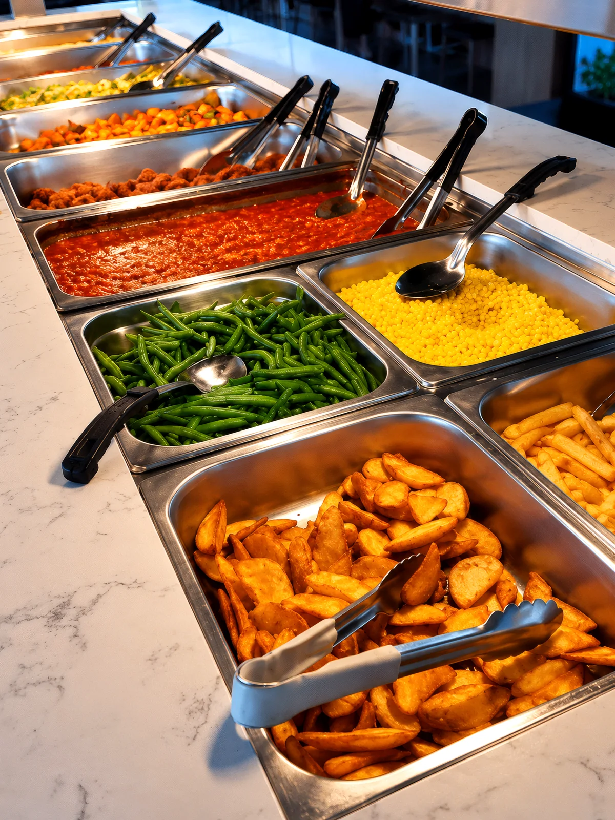 buffet counter with roast potatoes, green beans, corn, chips and gravy